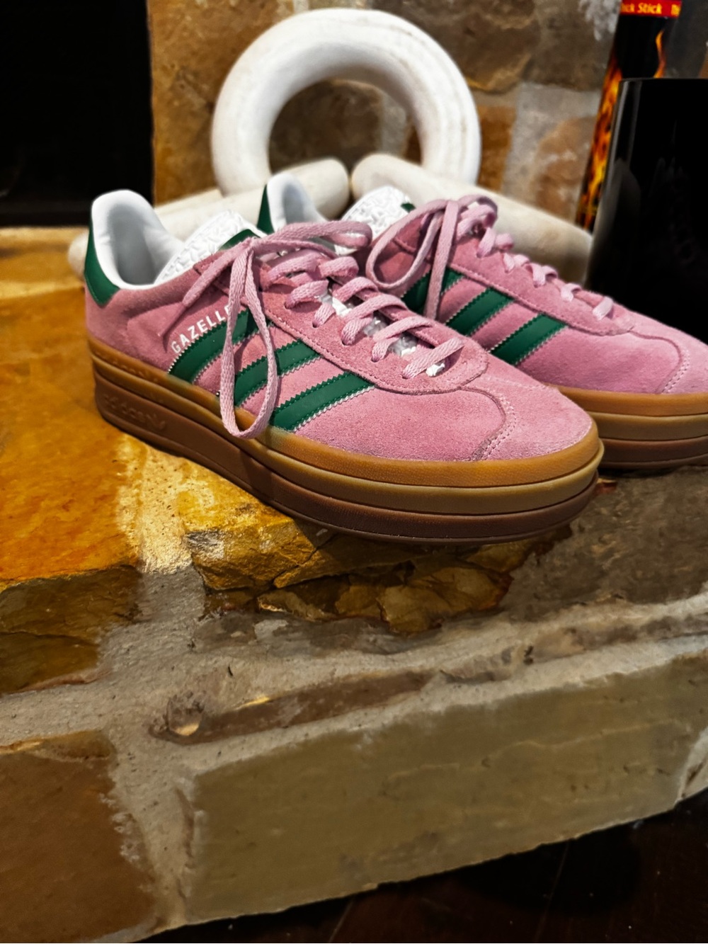adidas Pink Suede Sneakers with Green Stripes and Gum Sole